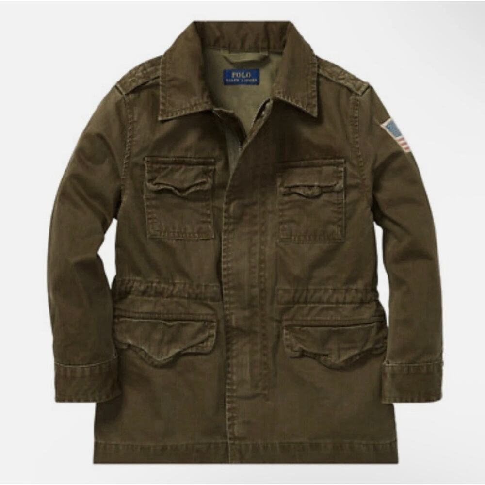 Polo Ralph Lauren Boys Size 7 Green Military Jacket USA Flag Patch Distressed